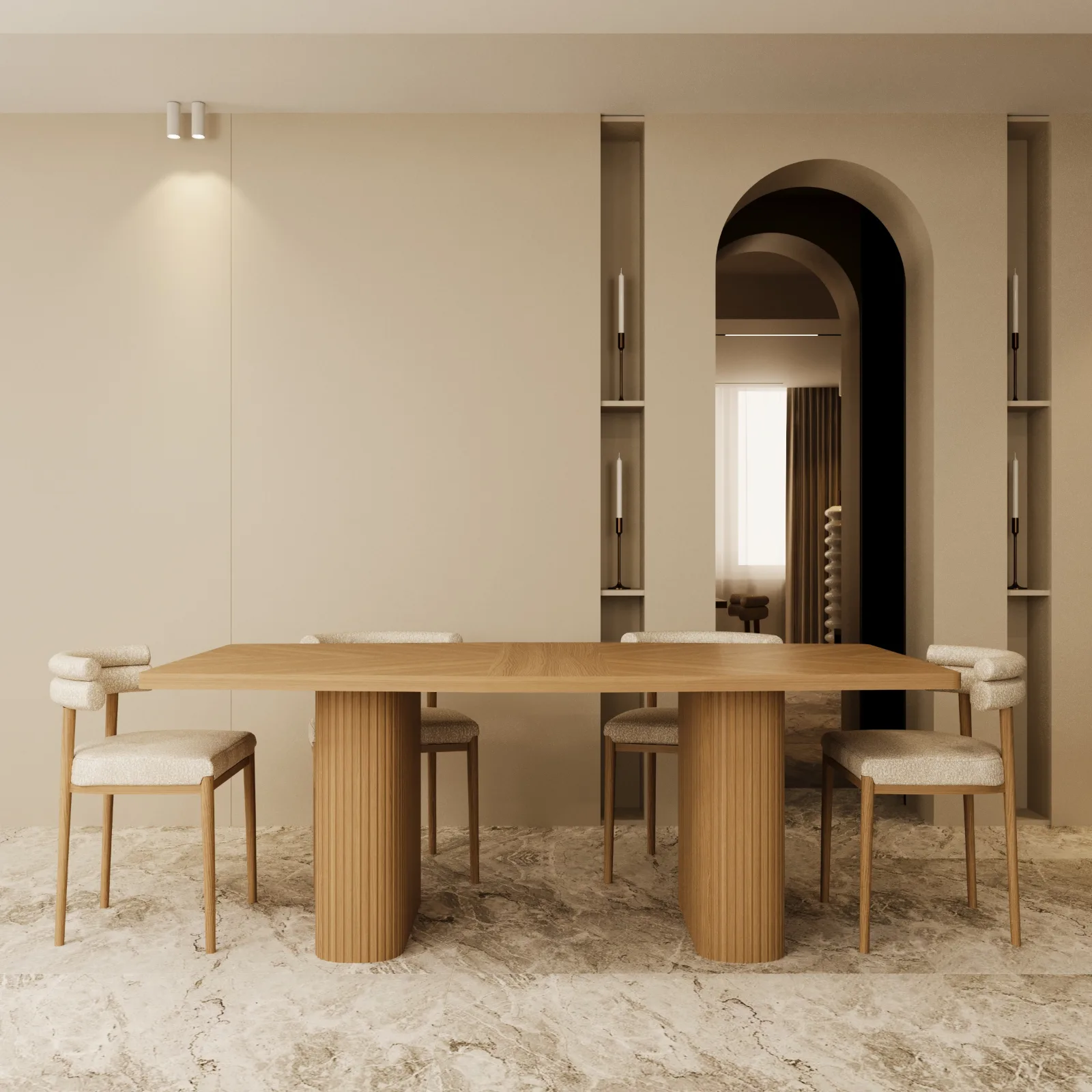 Providenca natural oak dining table in a contemporary dining room with upholstered chairs