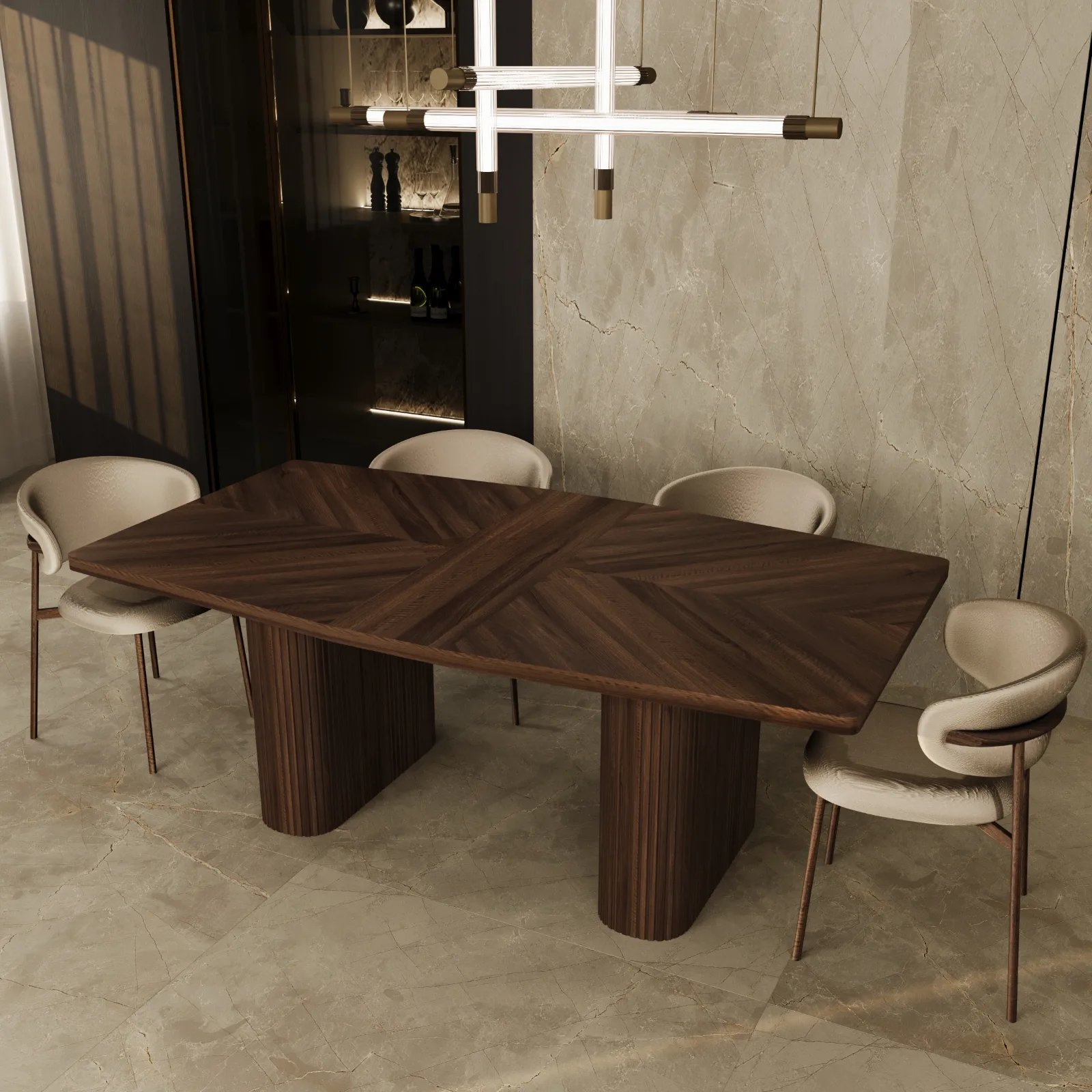 Providenca dark walnut dining table in a refined dining room with pendant lighting and upholstered chairs