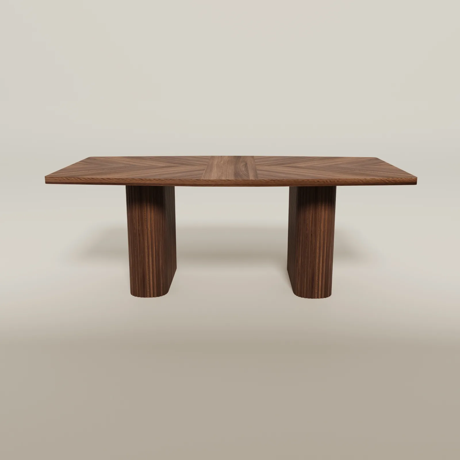 Dark walnut Providenca dining table, straight-on view of the twin pedestal base