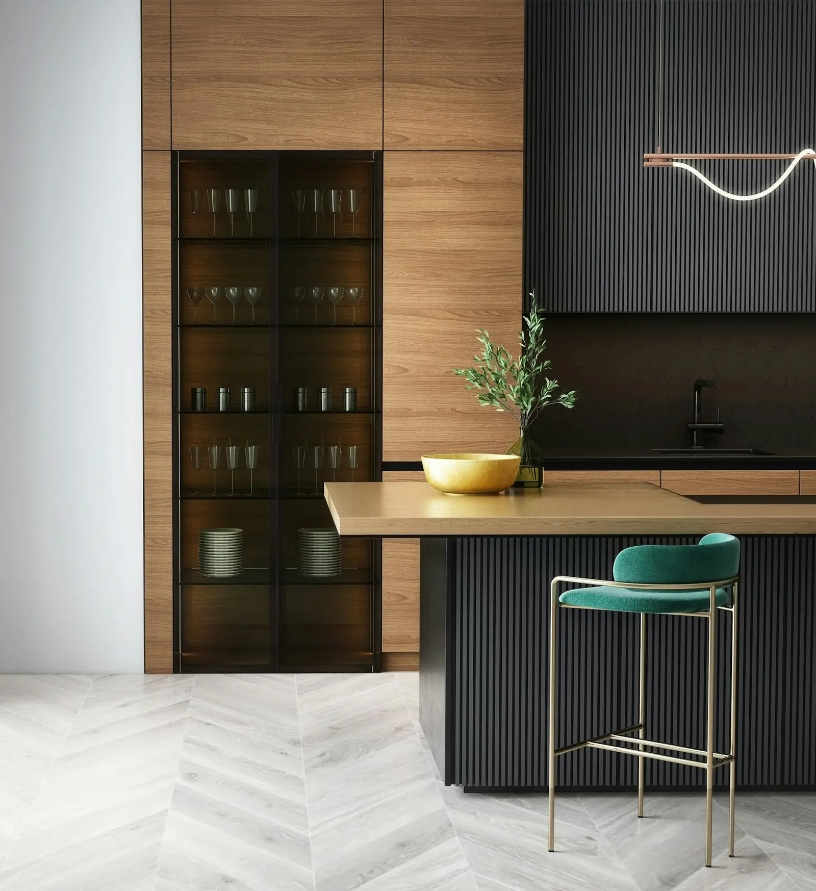 Refined dark kitchen in walnut with fluted black cabinetry, a glass display cabinet of glassware and a brass-legged green velvet stool