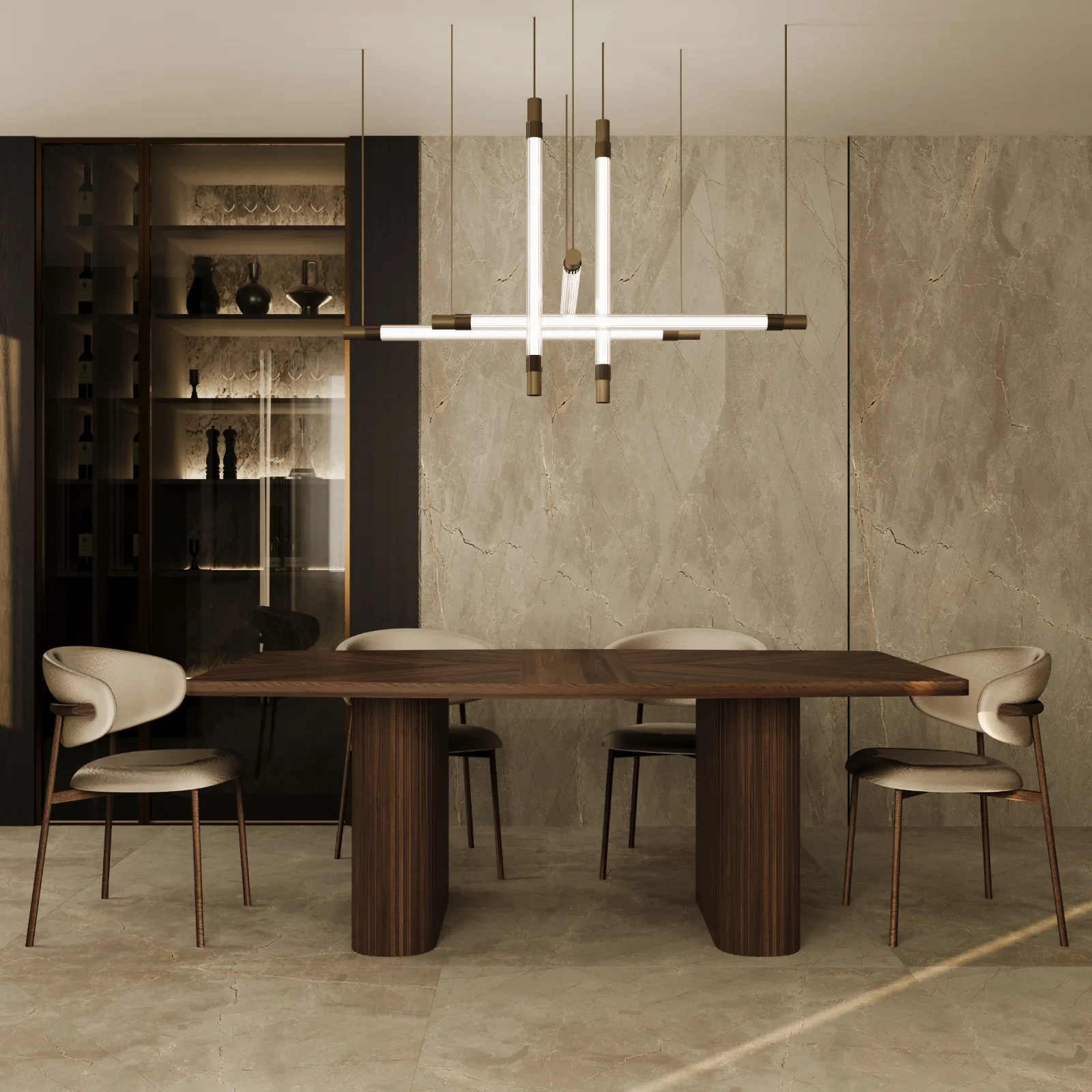 Providenca dark walnut dining table beneath a linear pendant, styled against dark bar shelving