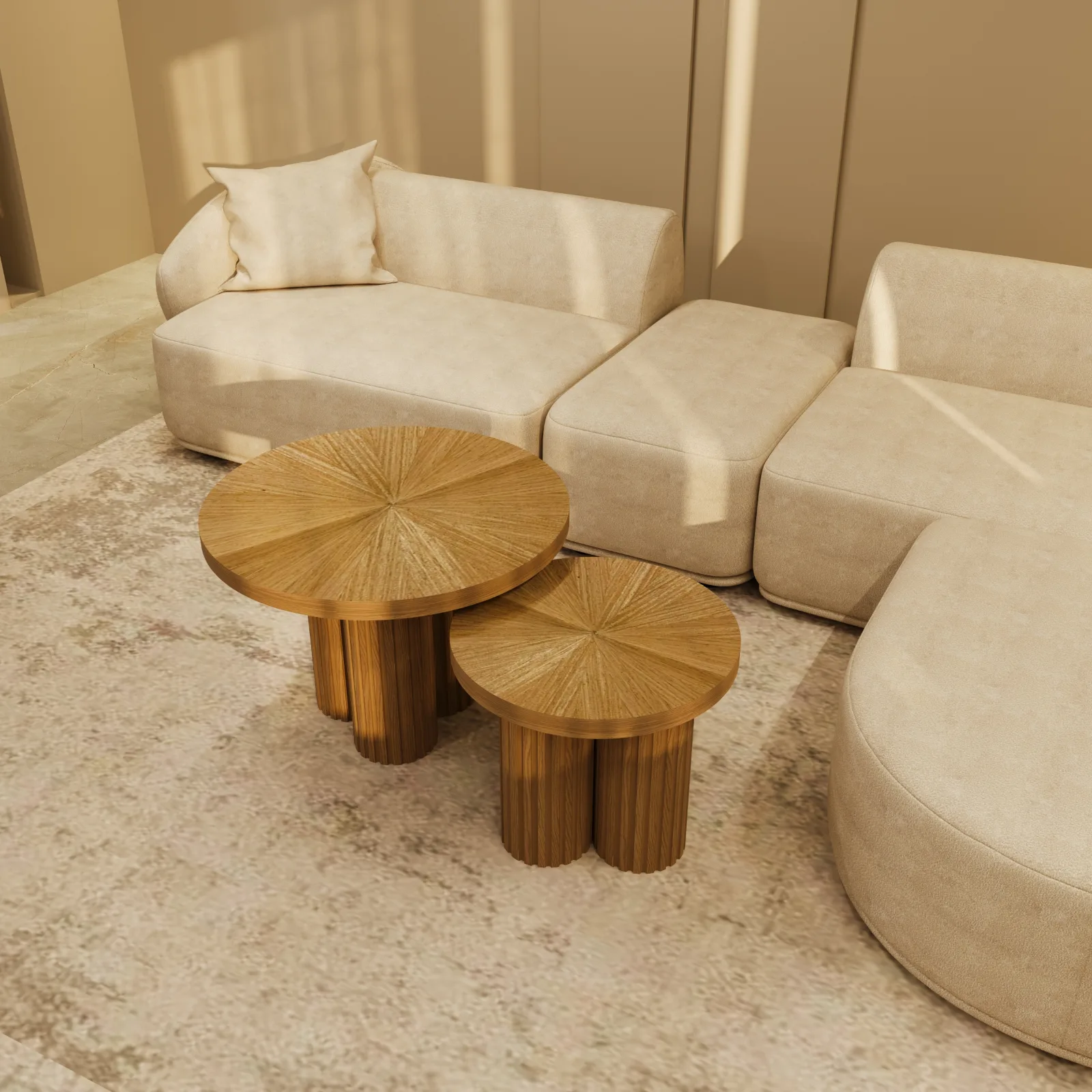 Natural oak Providenca coffee table duo in a living room with curved cream sofas