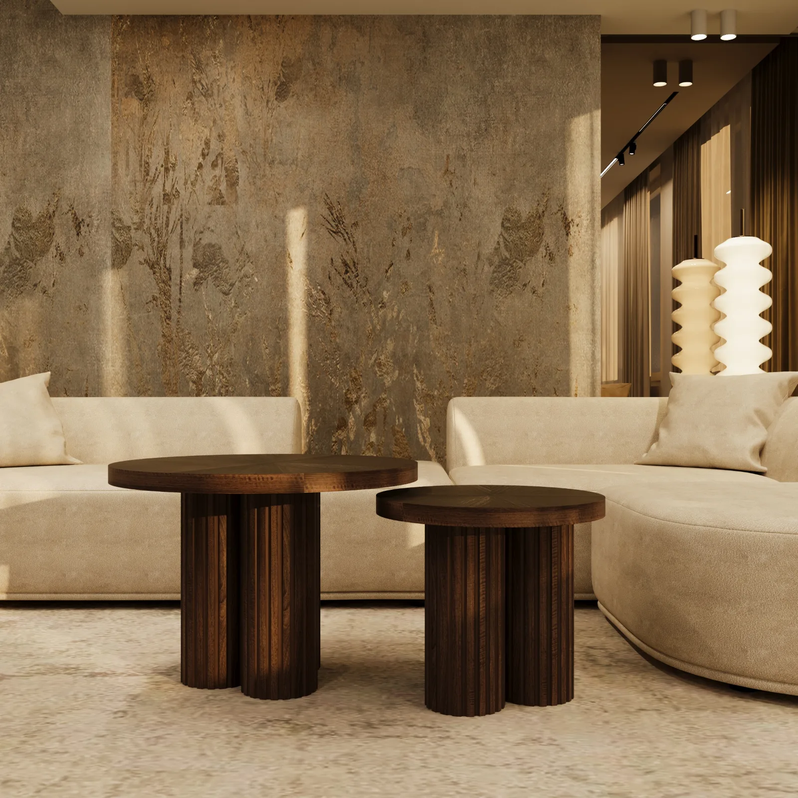 Dark walnut Providenca coffee table duo in a living room with a stone wall and cream sofa