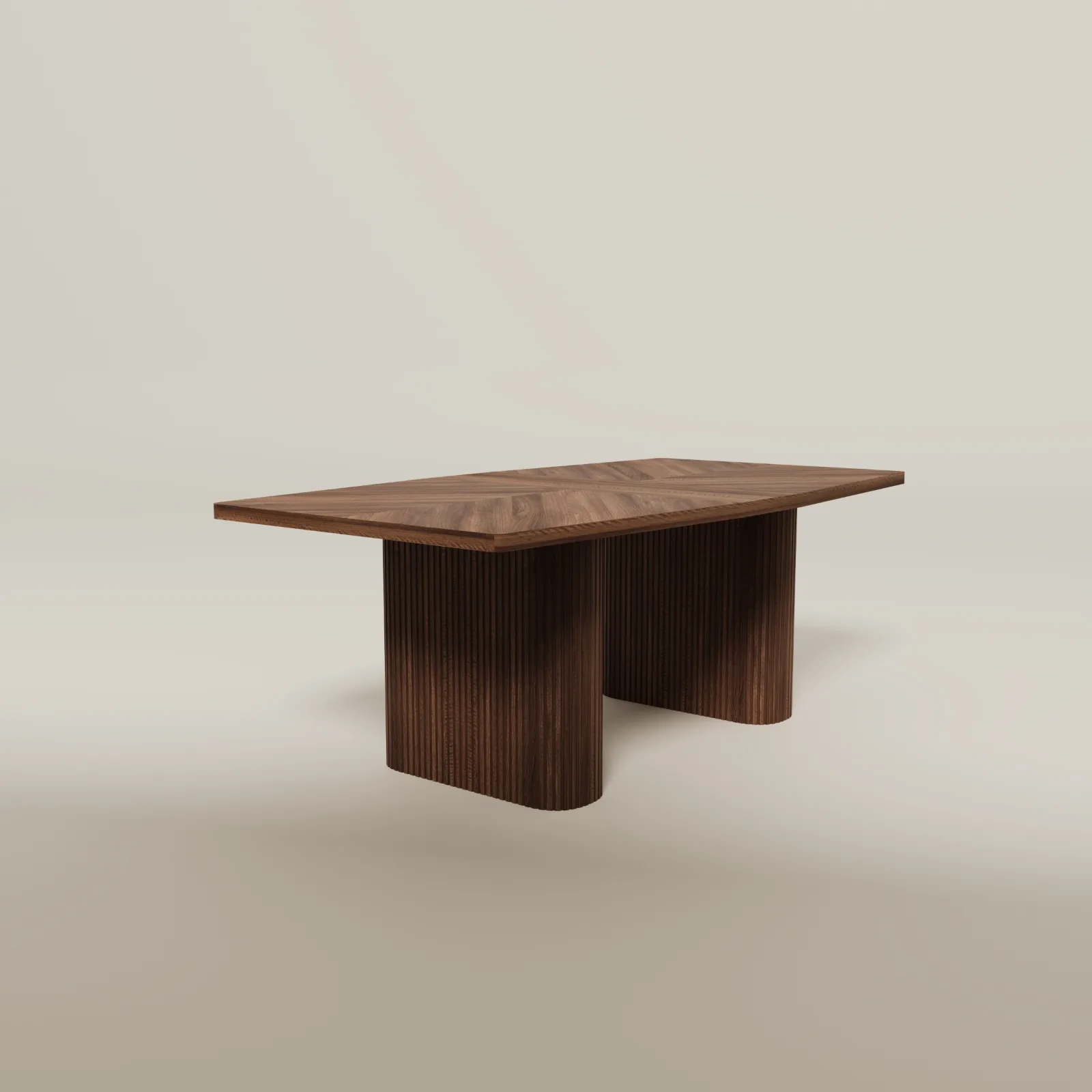 Dark walnut Providenca dining table seen from one end, showing its sculptural proportions