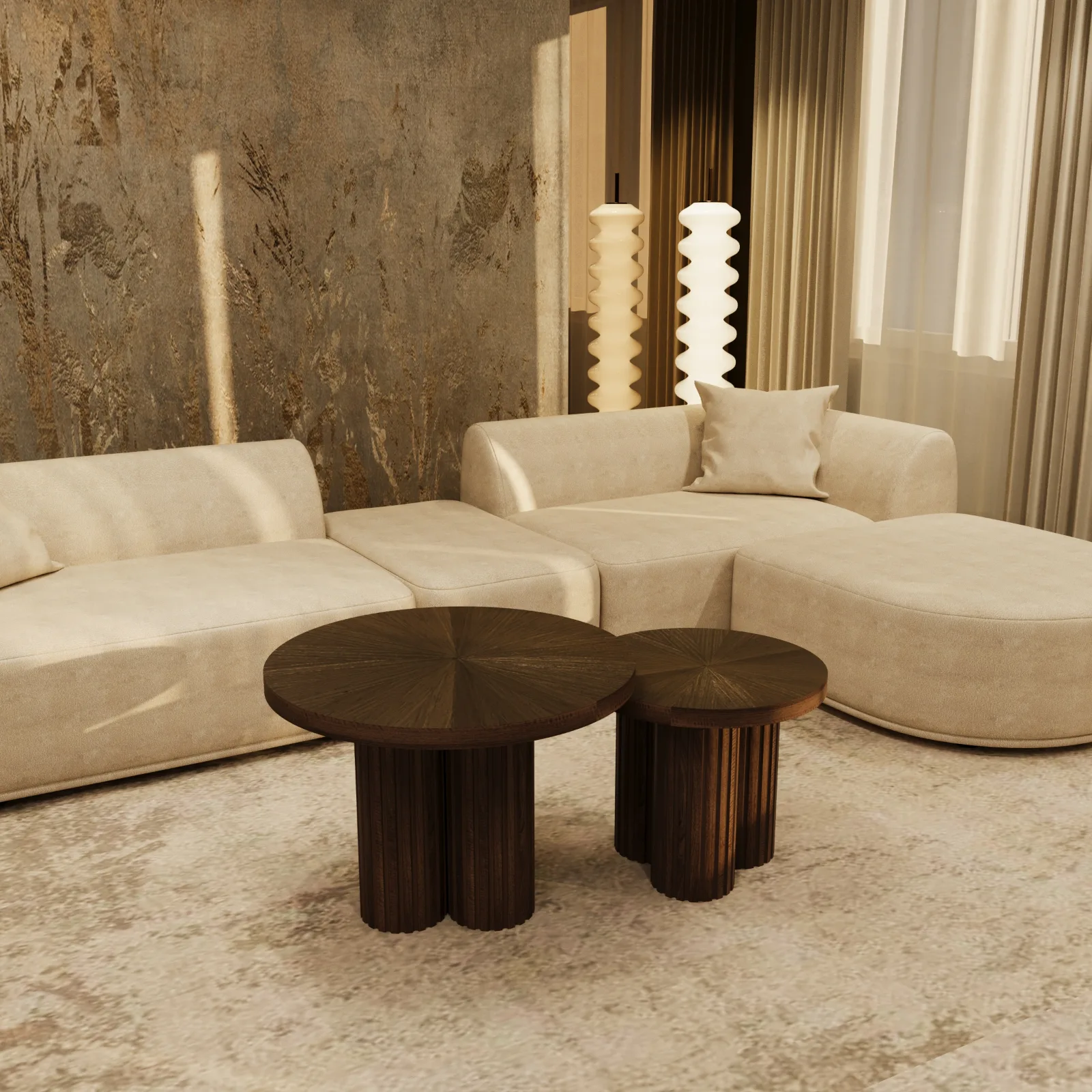 Dark walnut Providenca coffee table duo in a softly lit, neutral living space