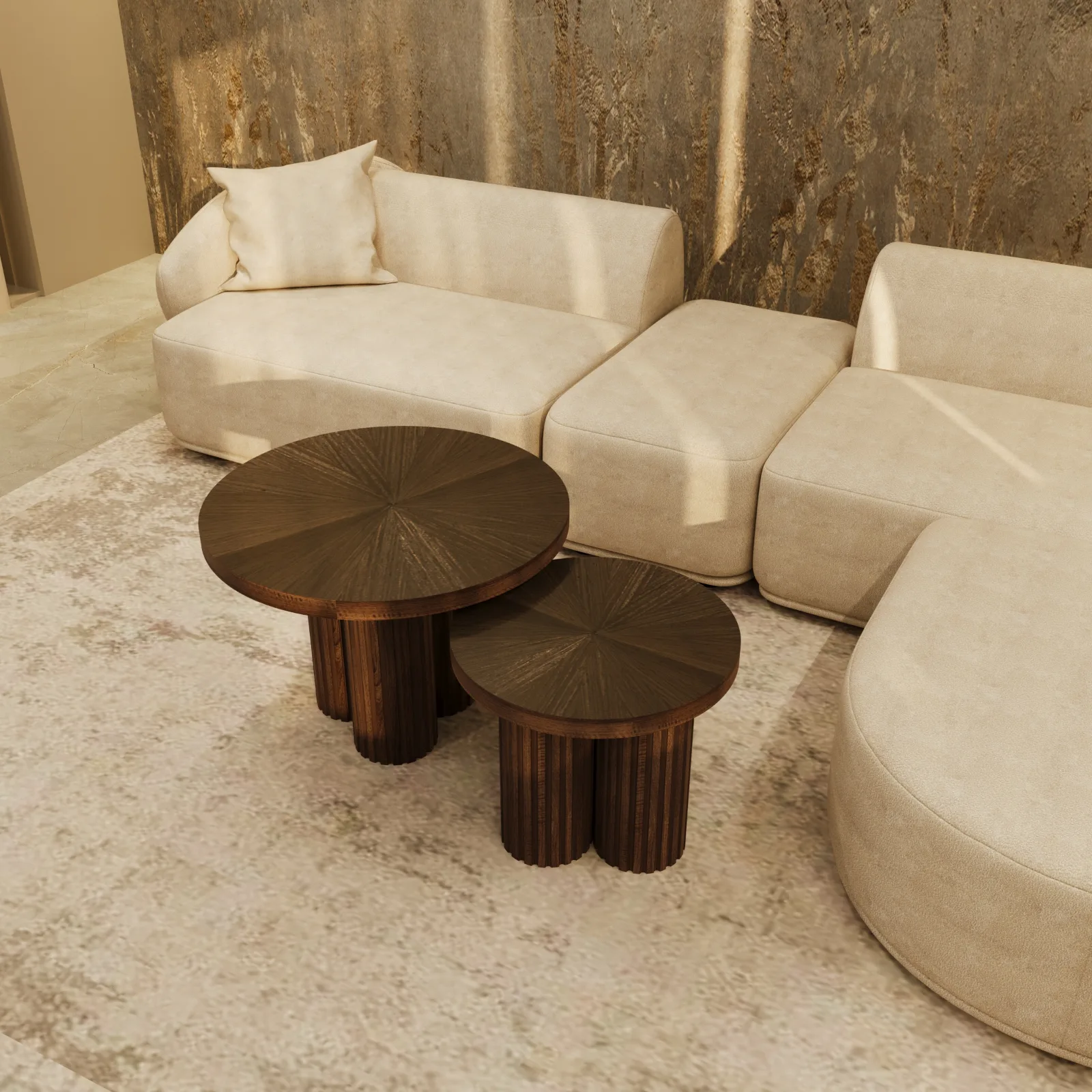 Dark walnut Providenca coffee tables beside a cream sectional sofa in a warm interior