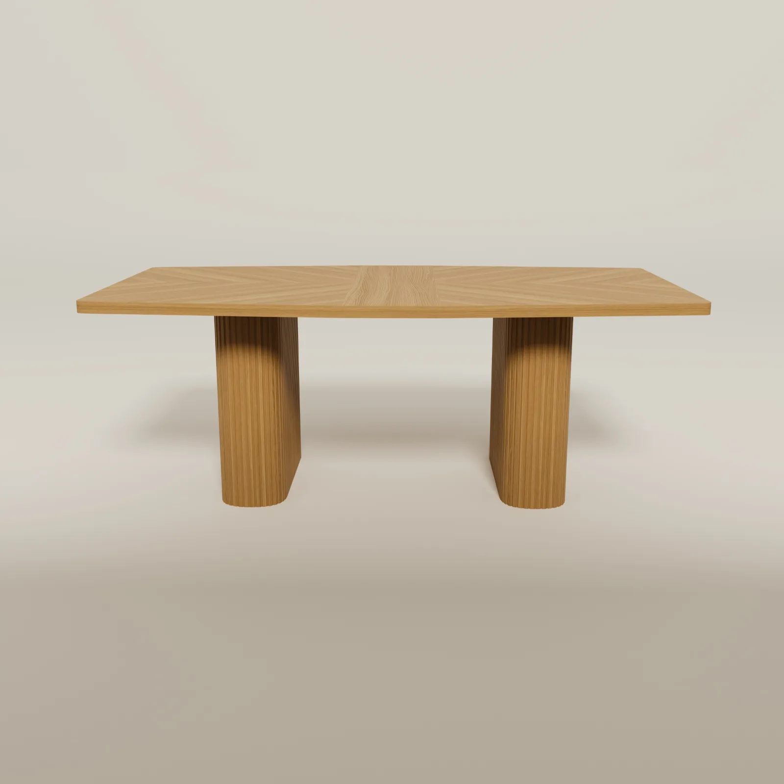 Natural oak Providenca dining table, straight-on view of the two sculptural pedestal legs