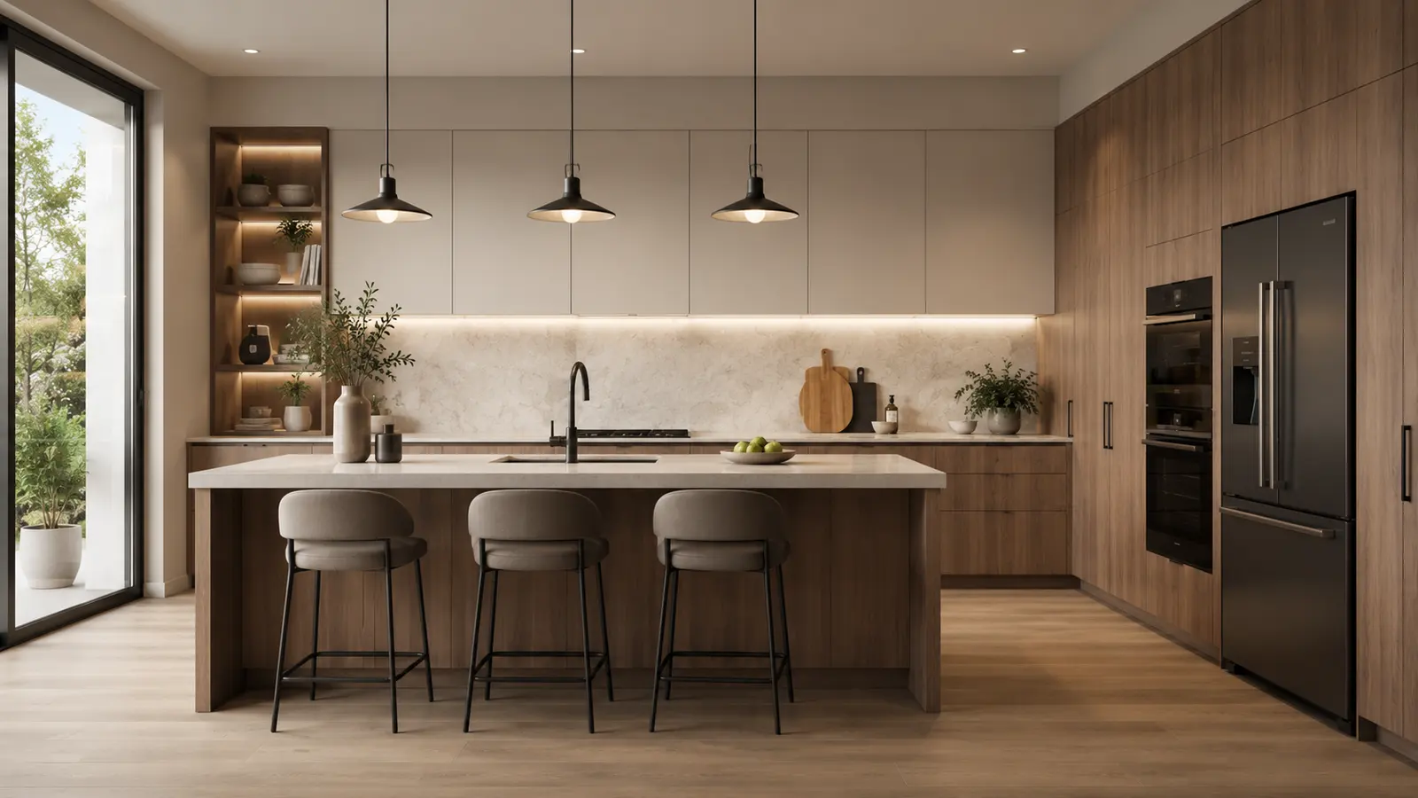Contemporary oak kitchen with a stone-topped island, upholstered bar stools and black pendant lamps, opening to a garden