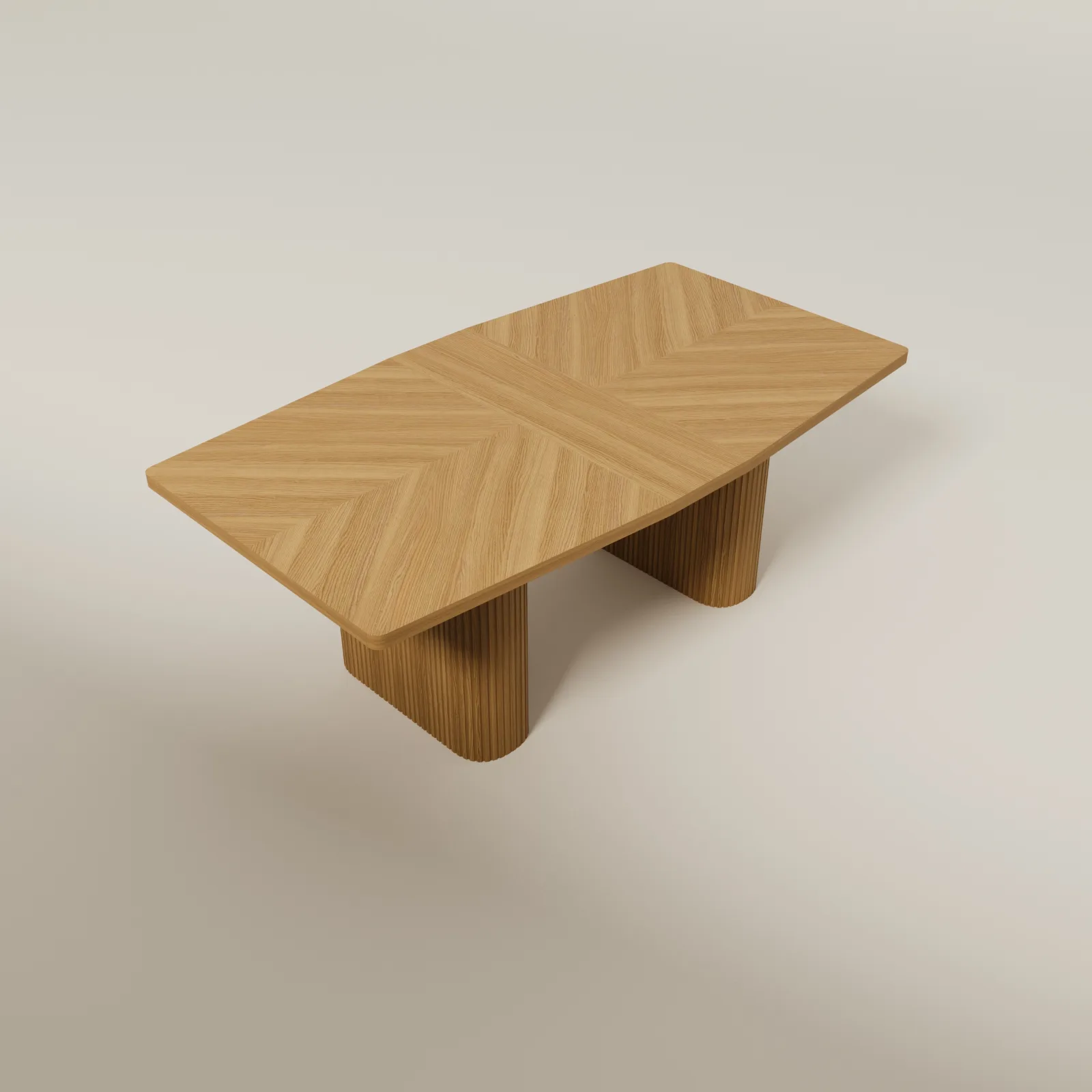 Natural oak Providenca dining table seen from above, highlighting the bookmatched oak veneer grain