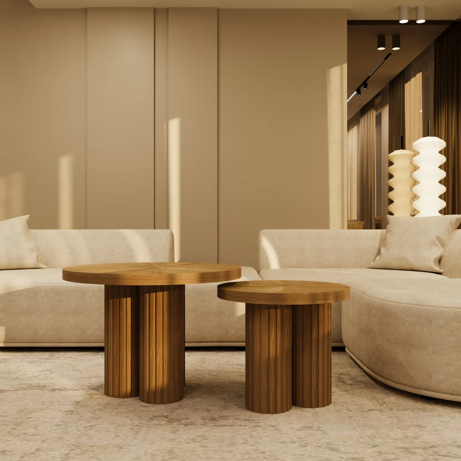 Natural oak Providenca coffee tables styled in a soft, neutral lounge