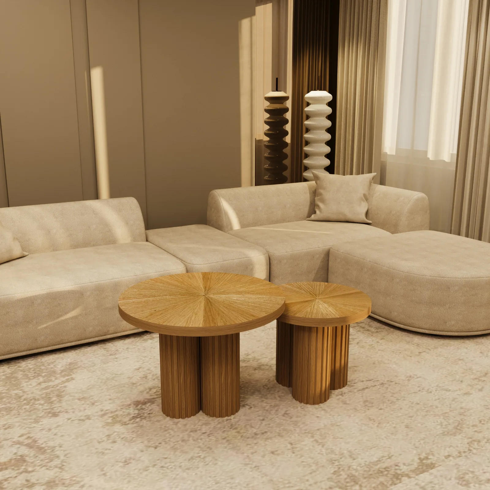 Natural oak Providenca coffee table duo beside a cream sofa in a contemporary interior