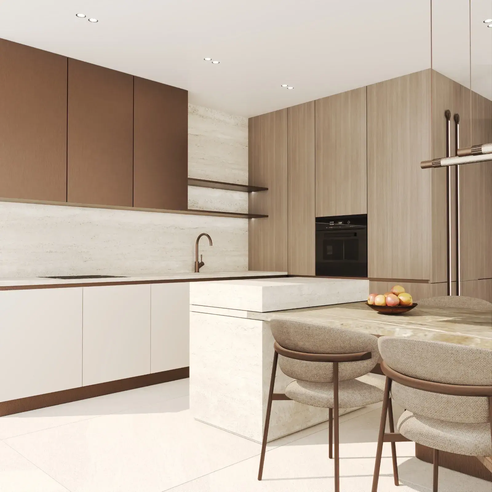 Minimalist kitchen in light oak and travertine with a stone island and upholstered seating
