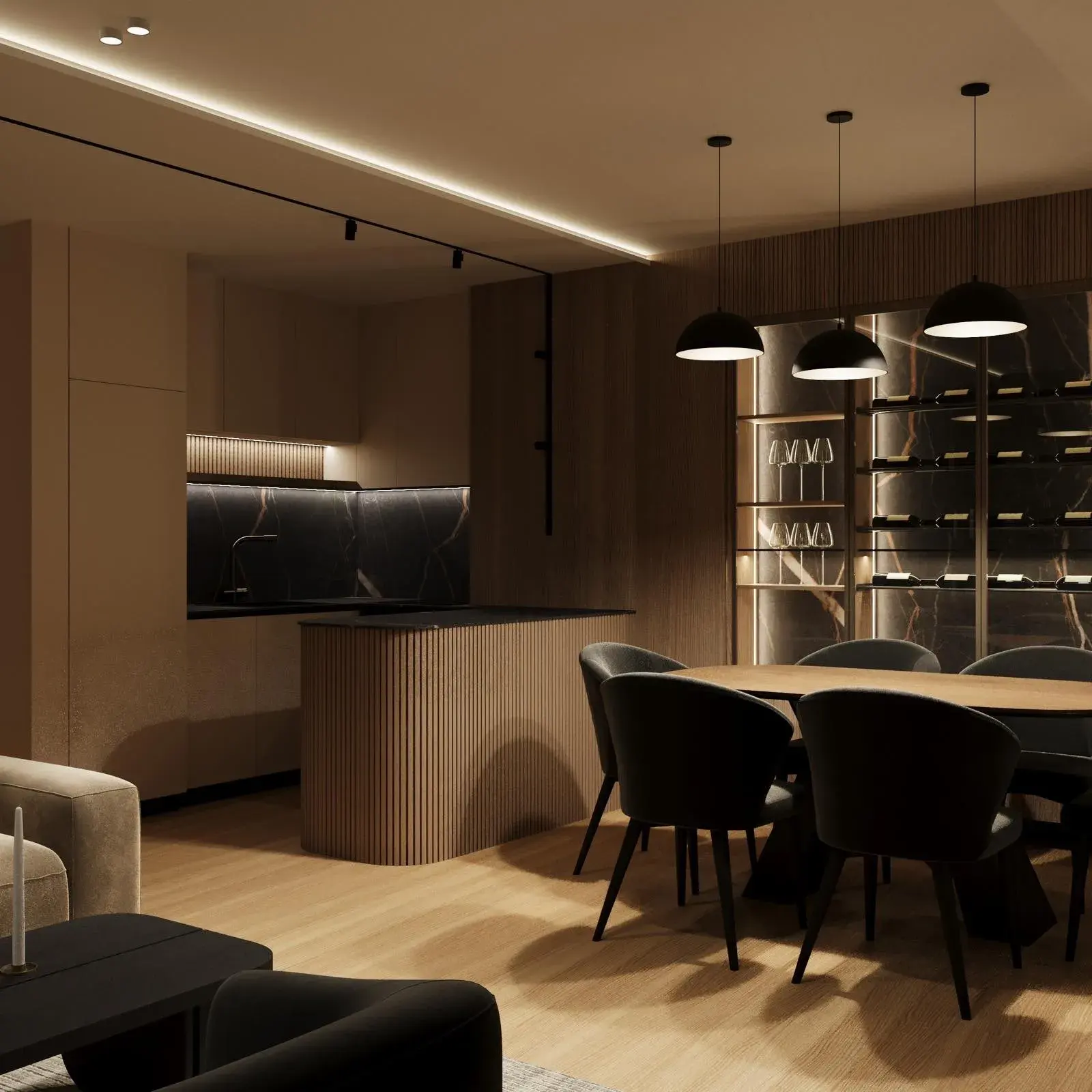 Open-plan oak kitchen and dining area with black dining chairs and a backlit wine wall
